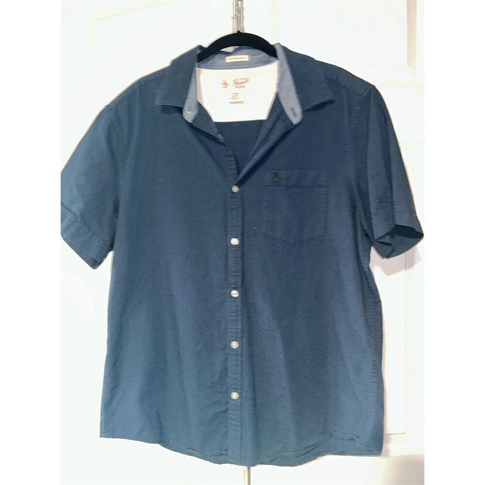 Original Penguin Men's Slim Fit Short Sleeve Blue Button-Up Shirt L